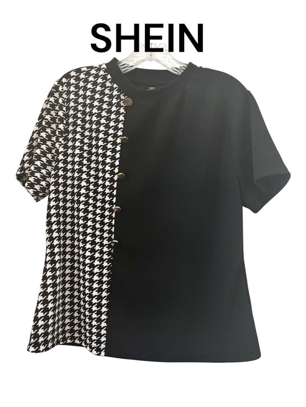 SHEIN Black & White Houndstooth Split Short Sleeve Shirt